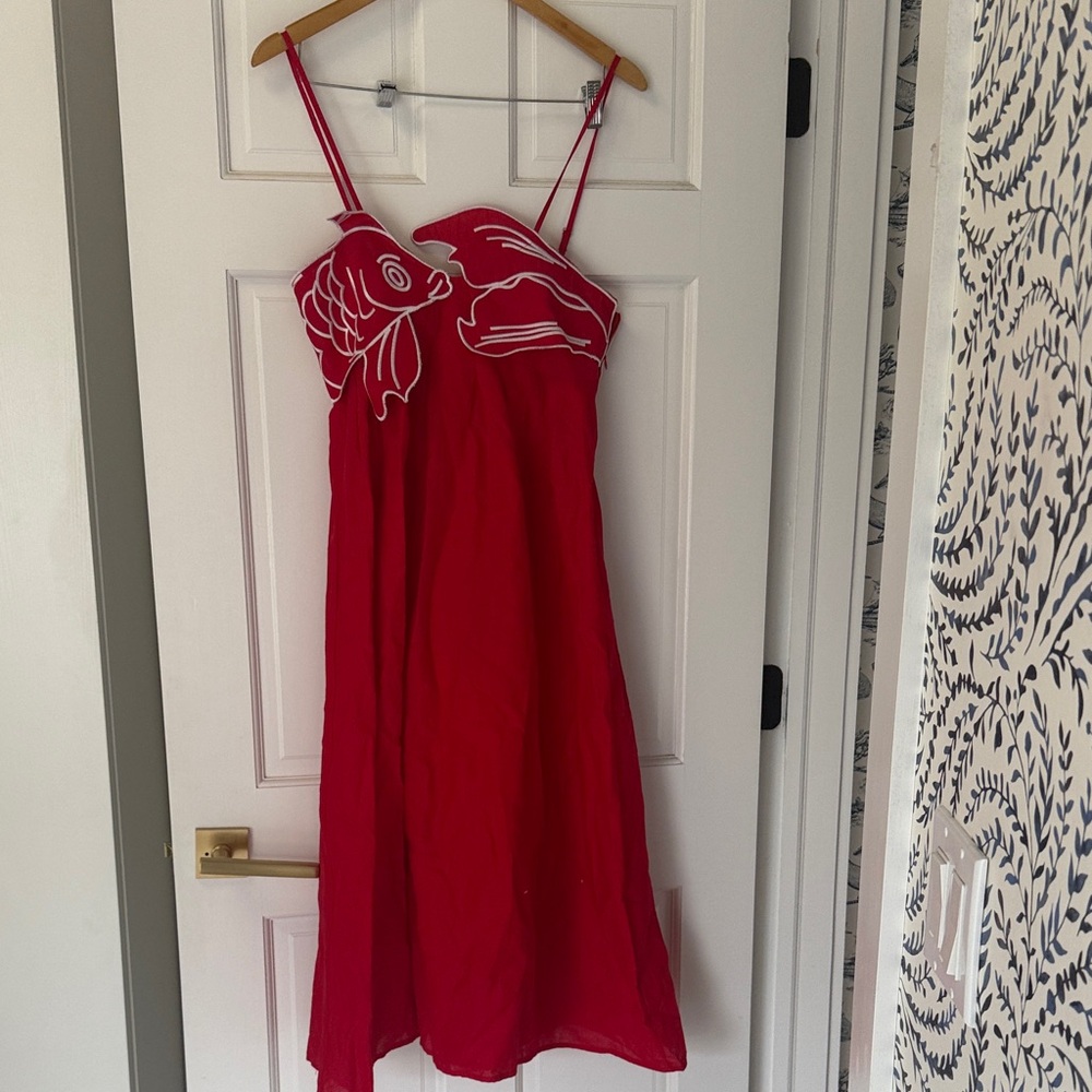Red Spaghetti Strap Floral Appliqué Dress